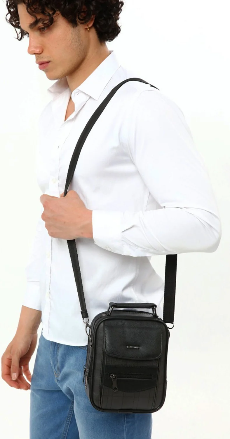 افكا Av A Dos Black Phone Compartment Steel Case Leather Plaid Men's Hand Shoulder Bag Medium Size