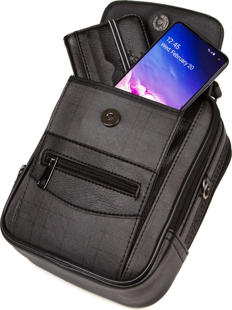 افكا Av A Dos Black Phone Compartment Steel Case Leather Plaid Men's Hand Shoulder Bag Medium Size