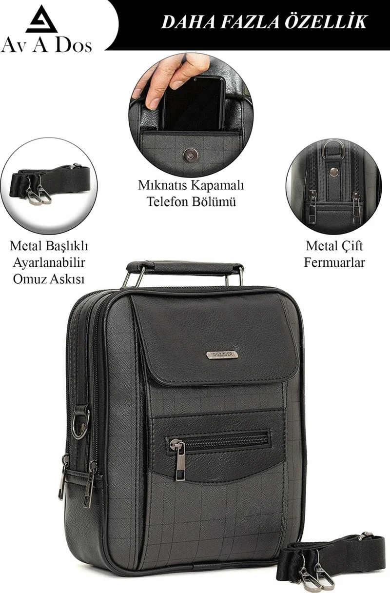 افكا Av A Dos Black Phone Compartment Steel Case Leather Plaid Men's Hand Shoulder Bag Medium Size
