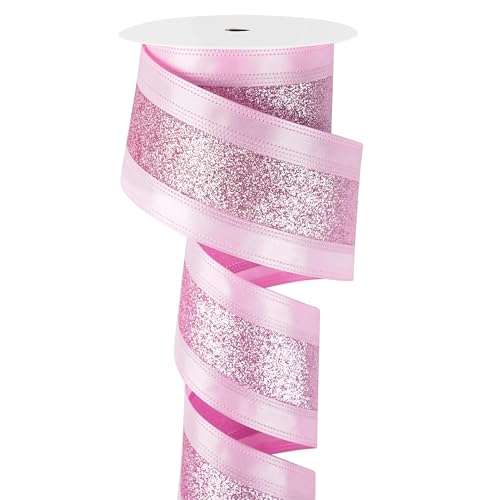 MAYREEL 25 Inch Pink Wired Satin Ribbon Glitter Stripe Light Pink Ribbon for Baby Shower Christmas Tree Gift Wrapping Floral Arrangements Bows Wreaths Garland Topper Holiday Home Decor 10 Yards - Image 1