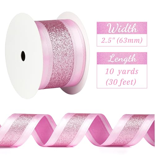 MAYREEL 25 Inch Pink Wired Satin Ribbon Glitter Stripe Light Pink Ribbon for Baby Shower Christmas Tree Gift Wrapping Floral Arrangements Bows Wreaths Garland Topper Holiday Home Decor 10 Yards - Image 3