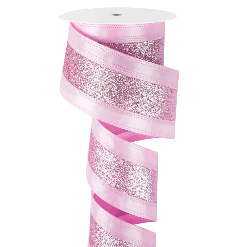 MAYREEL 25 Inch Pink Wired Satin Ribbon Glitter Stripe Light Pink Ribbon for Baby Shower Christmas Tree Gift Wrapping Floral Arrangements Bows Wreaths Garland Topper Holiday Home Decor 10 Yards - Image 2