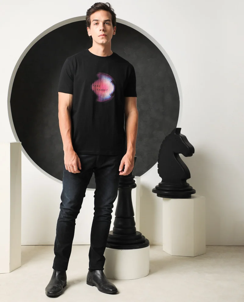 Rare Rabbit Rare Rabbit Men's Knobel Black Crew Neck Graphic Printed Half Sleeves Slim Fit T-Shirt