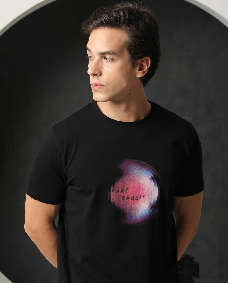 Rare Rabbit Rare Rabbit Men's Knobel Black Crew Neck Graphic Printed Half Sleeves Slim Fit T-Shirt
