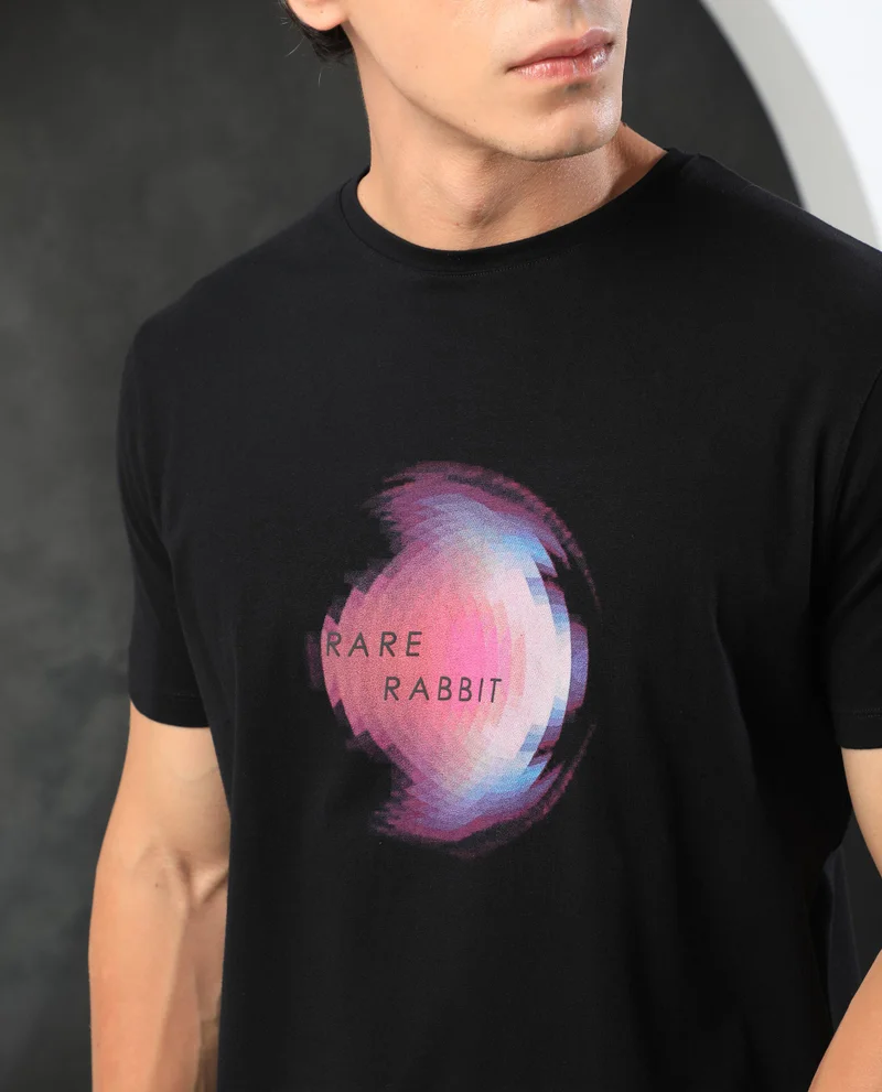 Rare Rabbit Rare Rabbit Men's Knobel Black Crew Neck Graphic Printed Half Sleeves Slim Fit T-Shirt