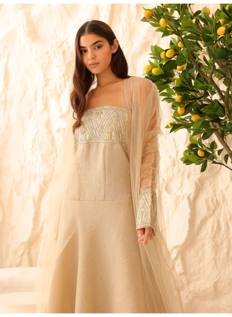 اكسا طقم أنيق مكون من قطعتين بأكمام شفافة فاخرة وتفاصيل ترتر