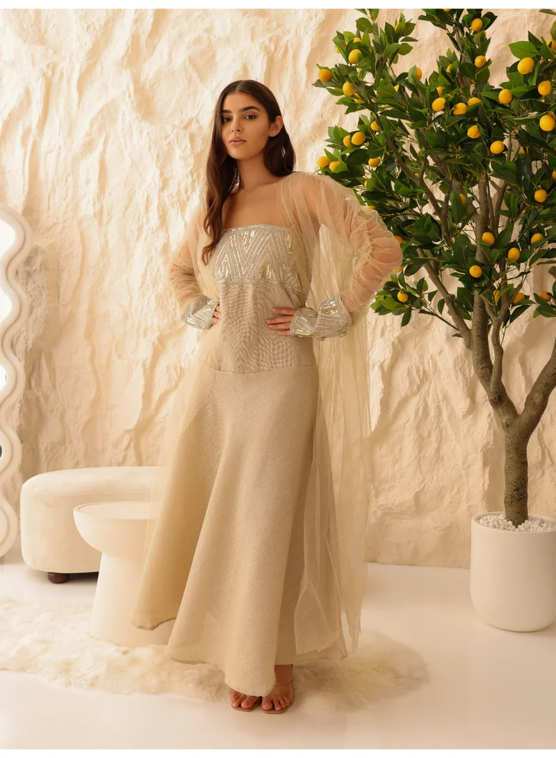 اكسا طقم أنيق مكون من قطعتين بأكمام شفافة فاخرة وتفاصيل ترتر