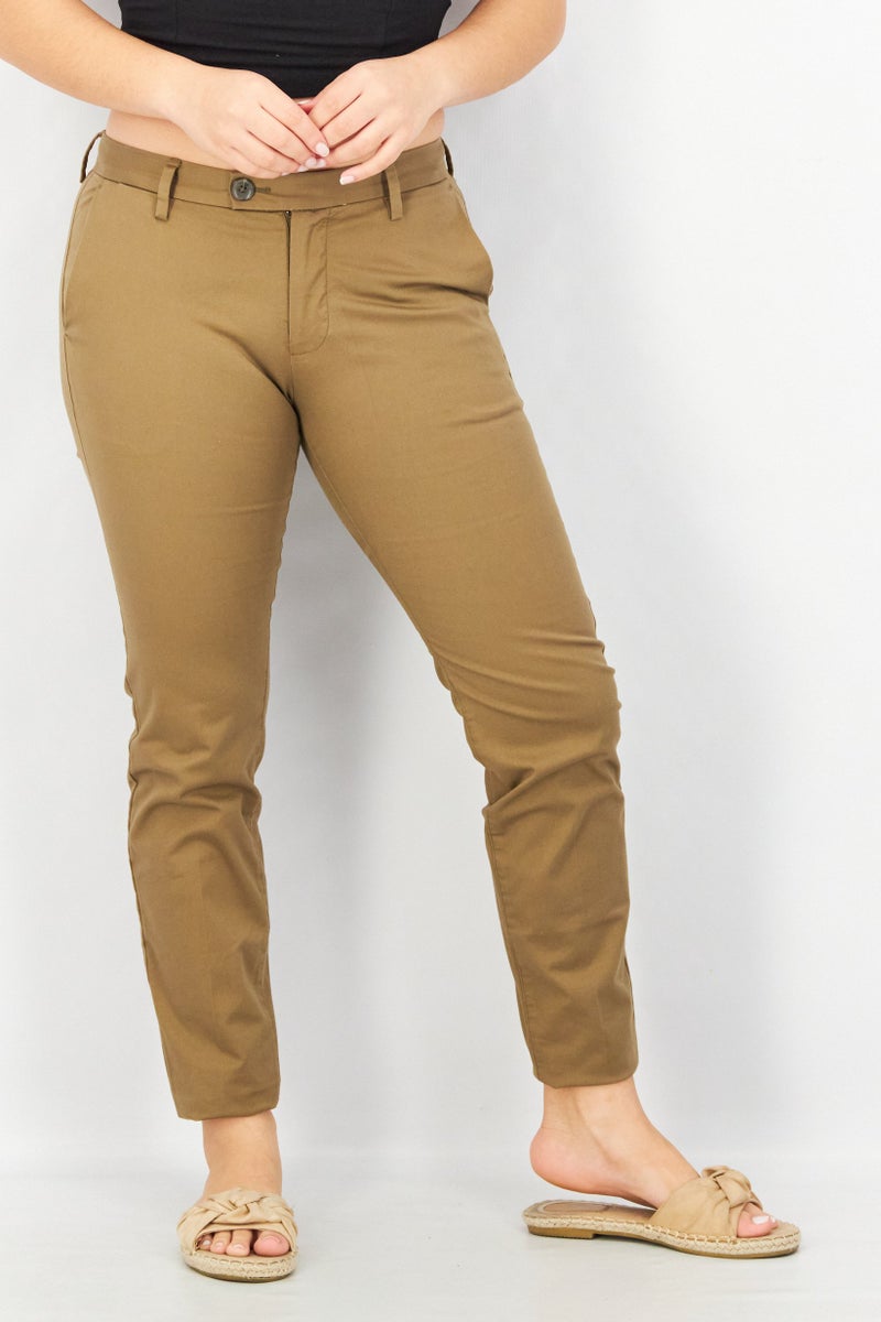 ESPRIT Women Regular Fit Plain Pants, Khaki - Image 1