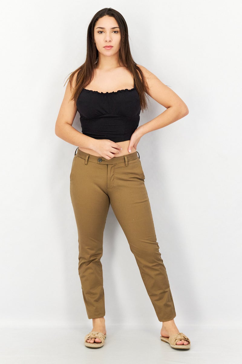 ESPRIT Women Regular Fit Plain Pants, Khaki - Image 2