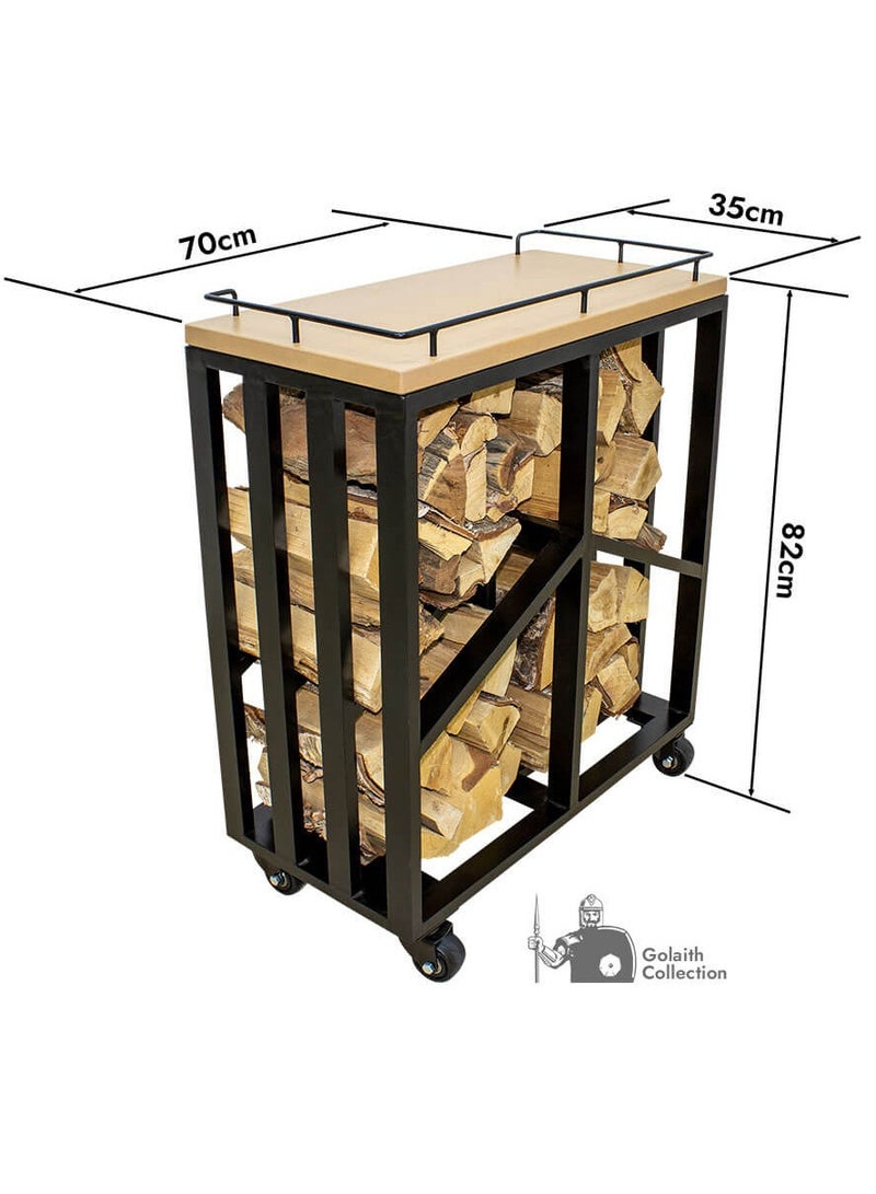 NABCO Wood Rack Trolley with Solid Wood Frame for Patio – 70x35x84 cm, Compact Outdoor Firewood Storage, Durable and Stylish for Garden or Deck, Natural Teak/Black - Image 2