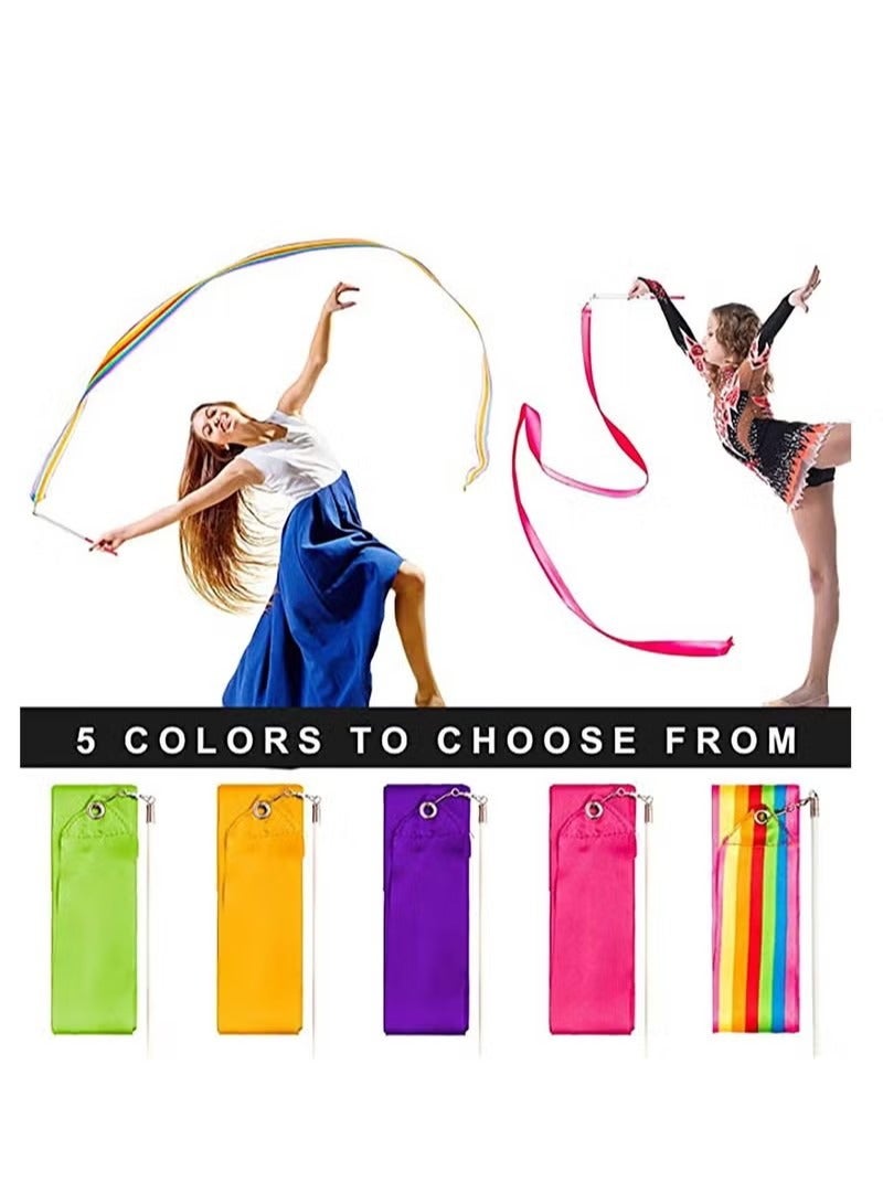 Streamers Rhythmic Dance Ribbons, 5 Pieces Rainbow Streamers Rhythmic Gymnastics Ribbon Baton Twirling Wands on Sticks for Kids Artistic Dancing, (Rainbow, Rose Red, Orange, Purple, Green) -- Candeer - Image 3