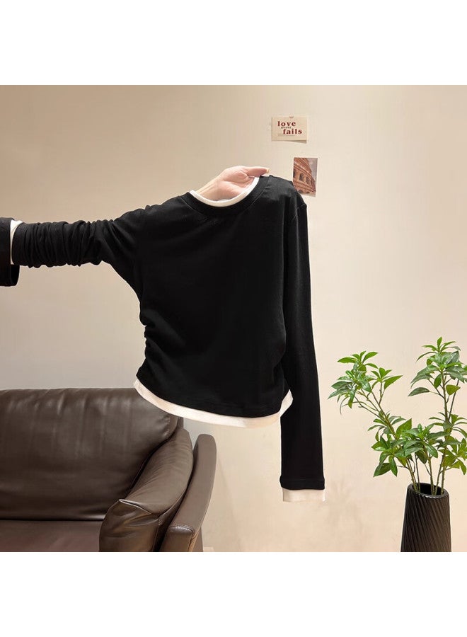 Don't speak Bieyu Women's Fake Two-piece Long Sleeve T-shirt Spring Autumn Pleated Waist Slim Fit Round Neck Base Layer Top Black L - Image 1