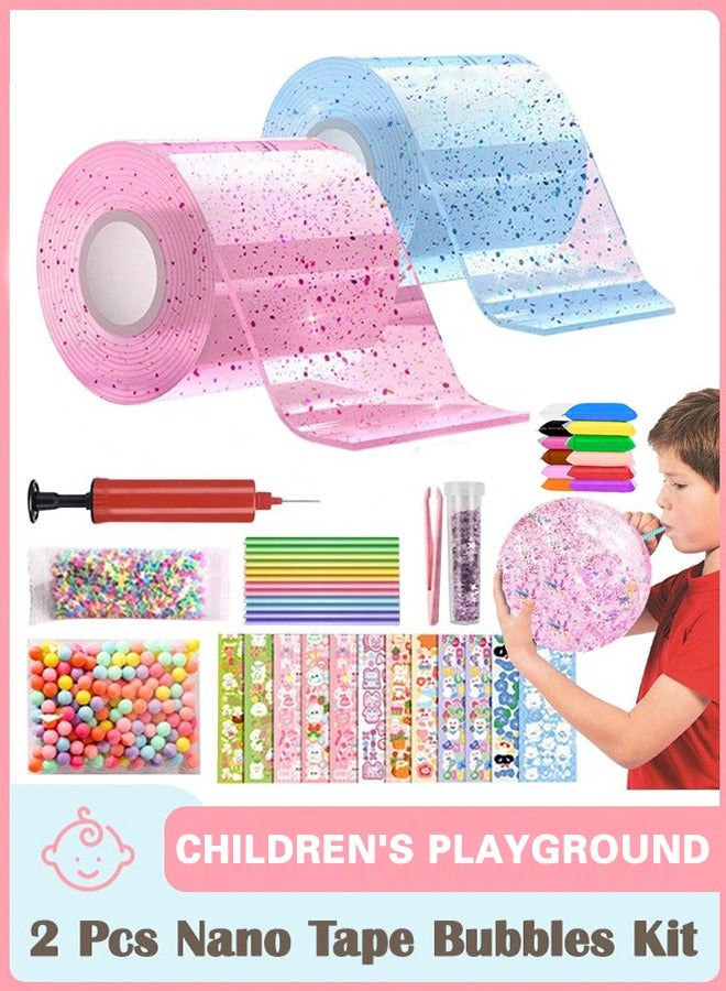 2 Pcs Nano Tape Bubbles Kit,with Straws Glitter Double-Sided Tape Bubble Balloons Elastic Magic Plastic Bubbles DIY Craft Gifts for Party Birthday Fidget Toys Gift (Blue and Pink) - Image 1
