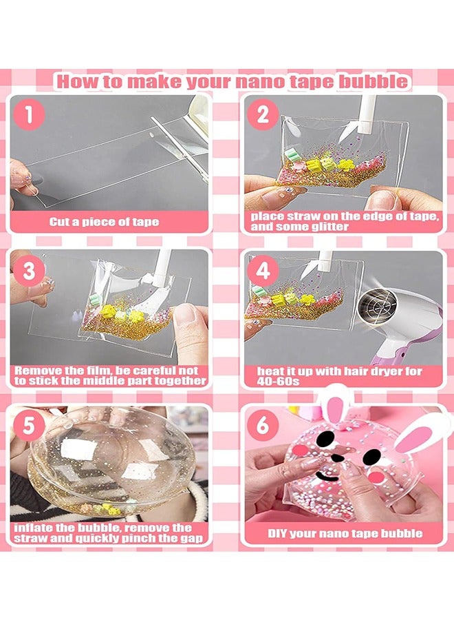 2 Pcs Nano Tape Bubbles Kit,with Straws Glitter Double-Sided Tape Bubble Balloons Elastic Magic Plastic Bubbles DIY Craft Gifts for Party Birthday Fidget Toys Gift (Blue and Pink) - Image 3