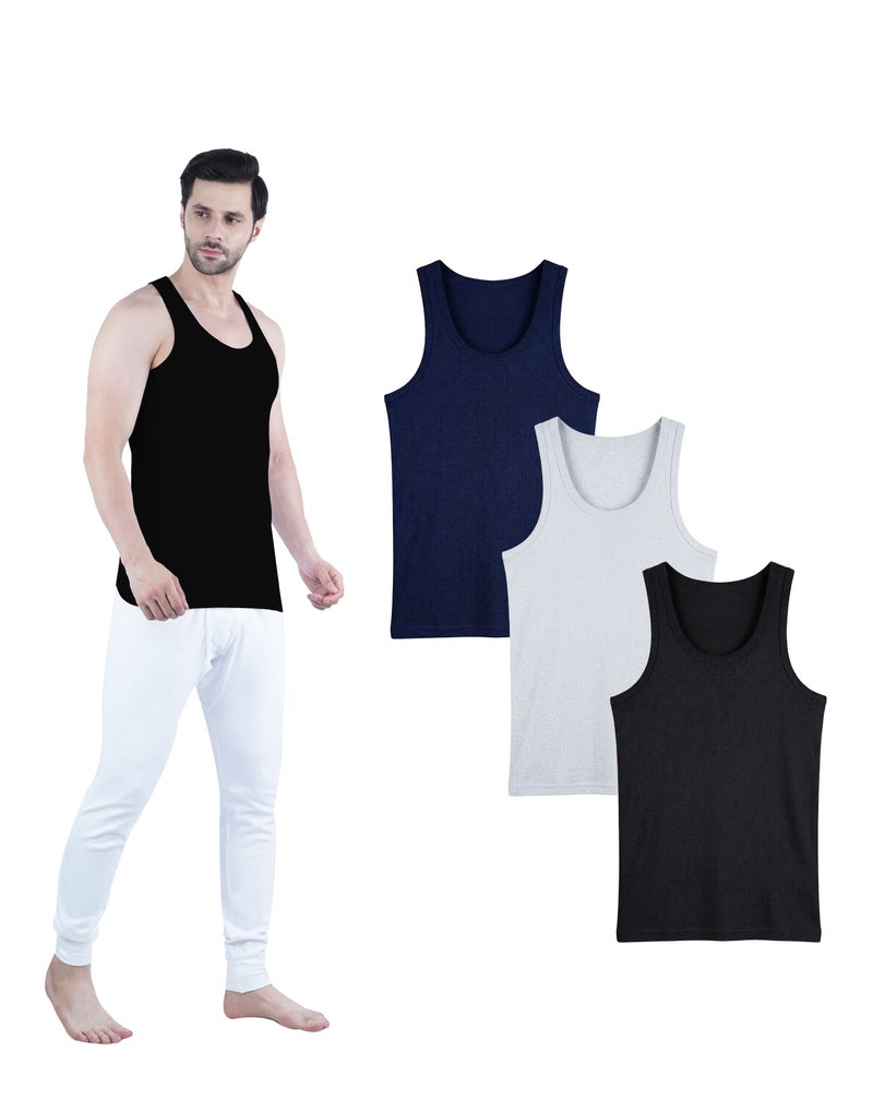 WHITE LEAF Men's Tank Top Vest 3PCS Pack – 100% Combed Cotton Breathable Sleeveless Innerwear, BK/GYM/NV - Image 1