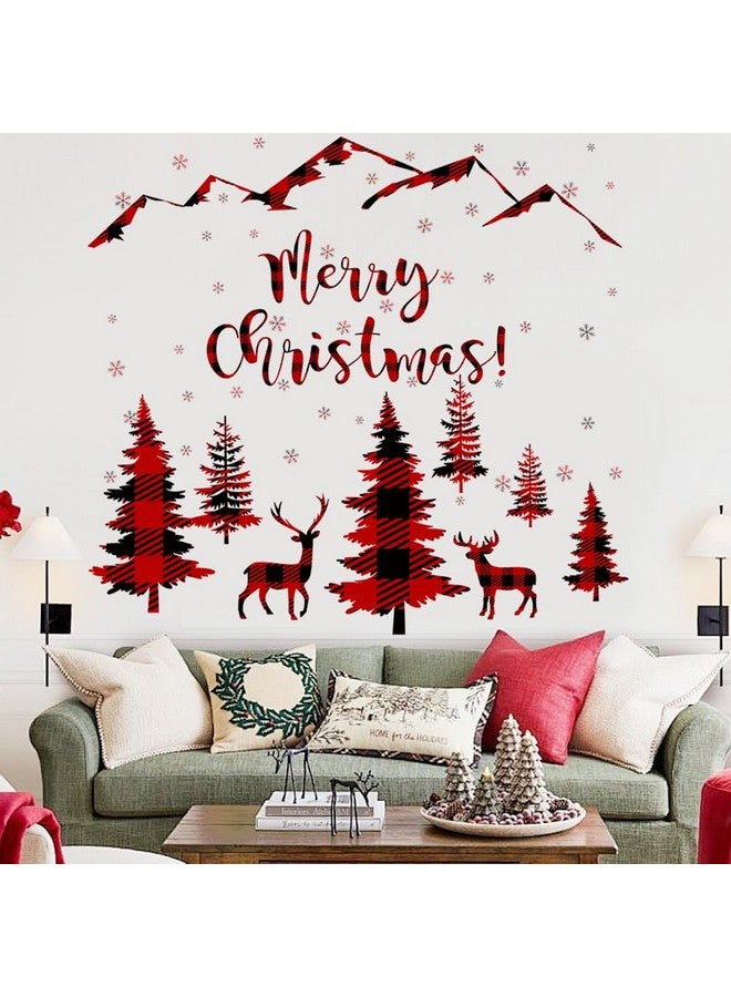Prabahdak Merry Christmas Wall Decal Red Black Buffalo Plaid Christmas Tree Deer Wall Sticker Winter Mountain Woodland Nursery Snowflake Wall Stickers for Xmas Christmas Party Supplies - Image 2