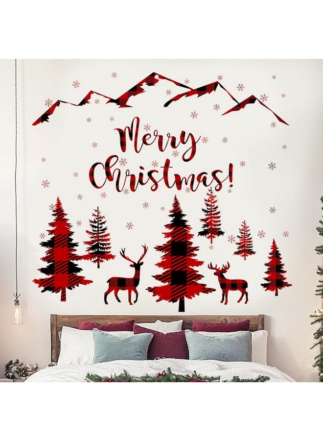 Prabahdak Merry Christmas Wall Decal Red Black Buffalo Plaid Christmas Tree Deer Wall Sticker Winter Mountain Woodland Nursery Snowflake Wall Stickers for Xmas Christmas Party Supplies - Image 3