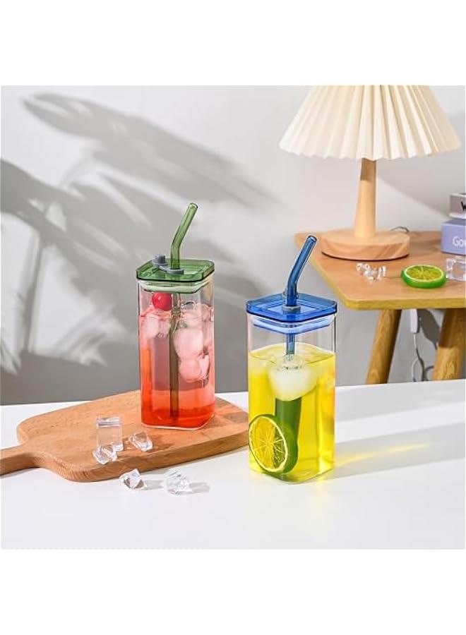 2-Piece Glass Cups with Lids and Straws, Iced Coffee Cup, Glass Tumbler, 12 oz/350 ml Blue Square Drinking Glasses for Coffee Bar (Blue)  - Image 4