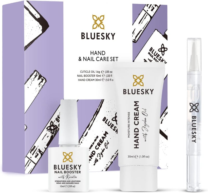 BLUESKY Hand and Nail Care Kit For Damaged Nails Cuticle Oil Pen Hand Cream Nail Growth Booster 3 Piece Gift Set Clear