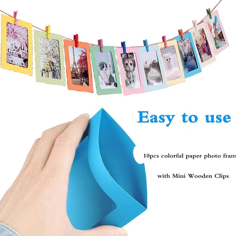 Toxen Toxen 10PCs Paper Photo Display Frames with Clips and Thread Wooden Clips and String Multi Color Kraft Paper Polaroid Films Hanging Album Frame for Home Wall School Office Decor  - Image 3