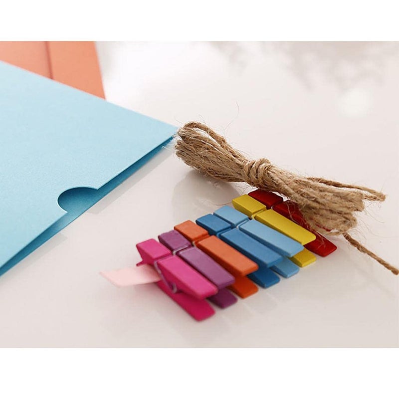 Toxen Toxen 10PCs Paper Photo Display Frames with Clips and Thread Wooden Clips and String Multi Color Kraft Paper Polaroid Films Hanging Album Frame for Home Wall School Office Decor  - Image 4