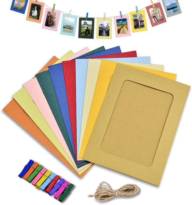 Toxen Toxen 10PCs Paper Photo Display Frames with Clips and Thread Wooden Clips and String Multi Color Kraft Paper Polaroid Films Hanging Album Frame for Home Wall School Office Decor  - Image 1