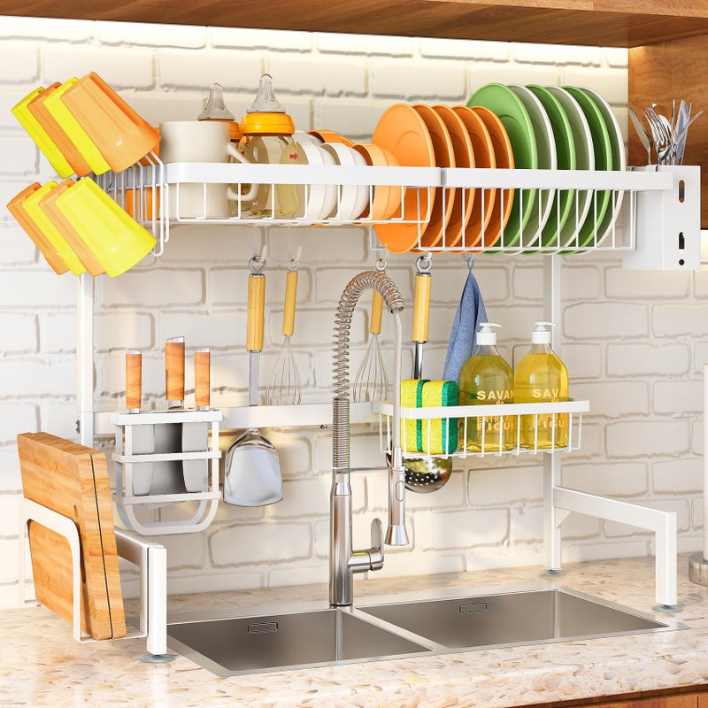Over The Sink Dish Drainer Drying Rack  Expandable 268 to 346 W Large Metal Dish Rack for Kitchen Counter Kitchen Organizer with Adjustable Basket Utensil Holder and Sponge Holder White