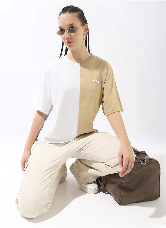 HIGH STAR Women's Multicolour 100% Cotton Colour Blocked Oversized T-Shirt