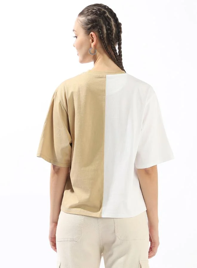 HIGH STAR Women's Multicolour 100% Cotton Colour Blocked Oversized T-Shirt