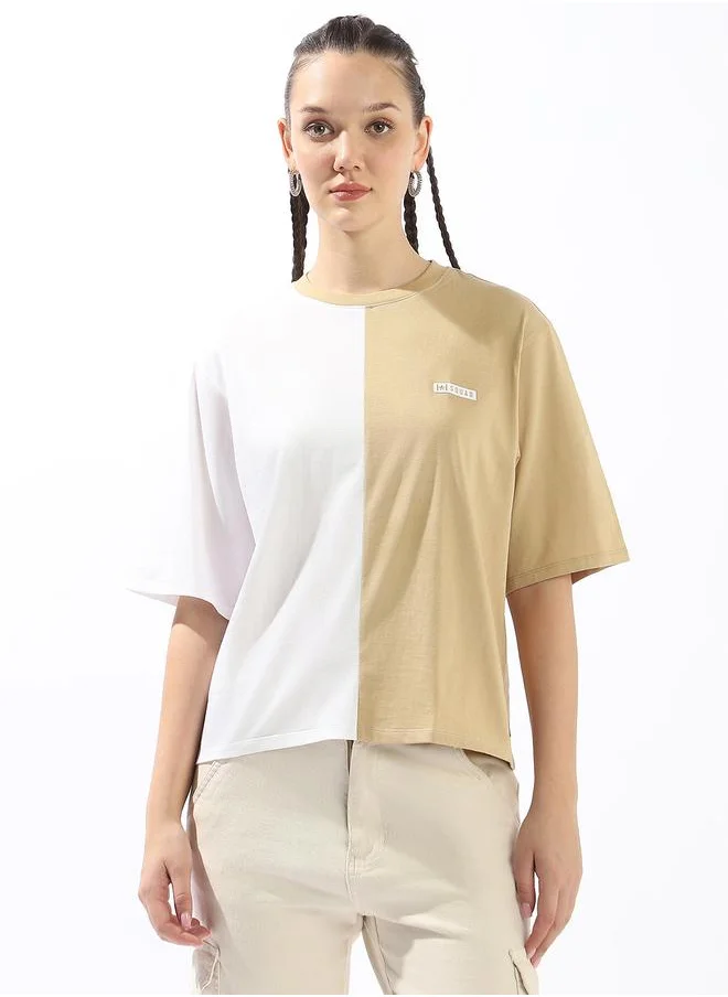 HIGH STAR Women's Multicolour 100% Cotton Colour Blocked Oversized T-Shirt