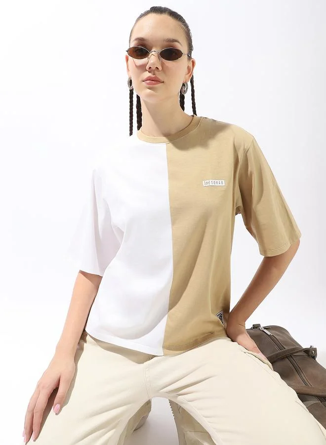 HIGH STAR Women's Multicolour 100% Cotton Colour Blocked Oversized T-Shirt
