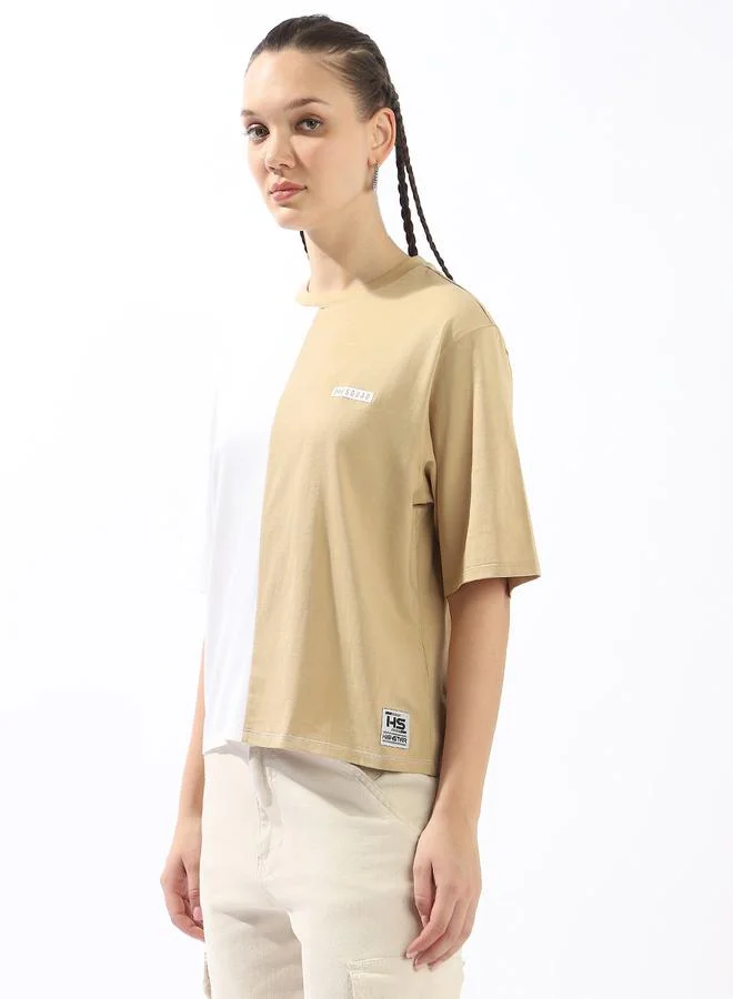 HIGH STAR Women's Multicolour 100% Cotton Colour Blocked Oversized T-Shirt