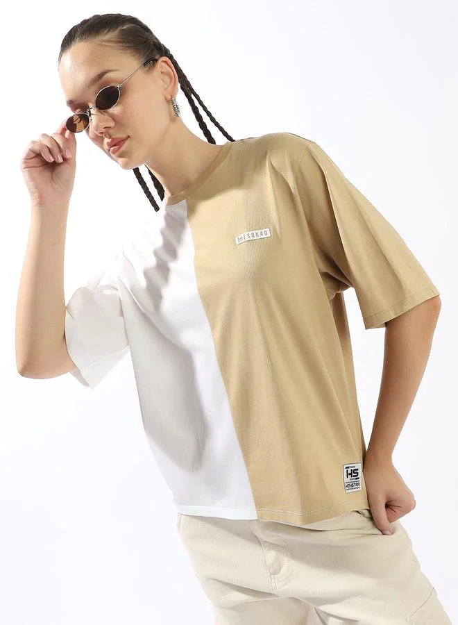 HIGH STAR Women's Multicolour 100% Cotton Colour Blocked Oversized T-Shirt