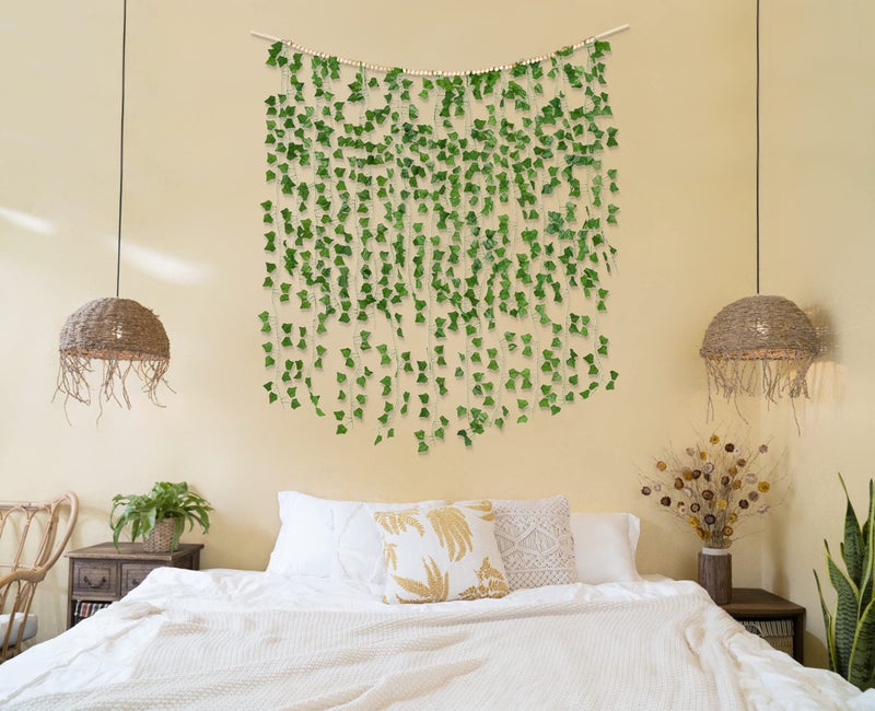 Mkono Hanging Fake Vines for Bedroom Wall Decor Artificial Plant Leaves with Wood Beads Set Indoor Greenery Ivy Garland for Living Room Apartment Christmas Wedding Party Teen Girl Room - Image 3