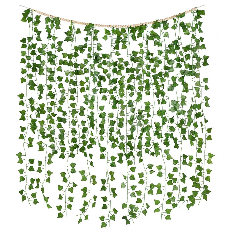 Mkono Hanging Fake Vines for Bedroom Wall Decor Artificial Plant Leaves with Wood Beads Set Indoor Greenery Ivy Garland for Living Room Apartment Christmas Wedding Party Teen Girl Room - Image 1