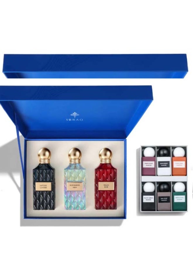 طقم عطر ابراهيم القرشي ابراق بلو ويش سفاير ليذر بالاس روز بلو دايموند