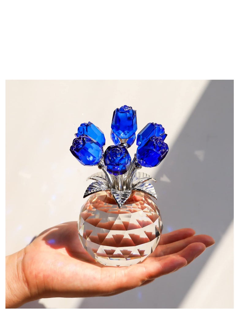 XiuWoo Crystal Blue Rose Flower Figurine, with Round Vase, Handmade Home Table Bouquet Flowers Decor Figurines, for Wife Girlfriend Women Valentines Day Birthday - Image 4