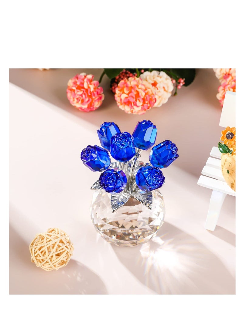 XiuWoo Crystal Blue Rose Flower Figurine, with Round Vase, Handmade Home Table Bouquet Flowers Decor Figurines, for Wife Girlfriend Women Valentines Day Birthday - Image 3