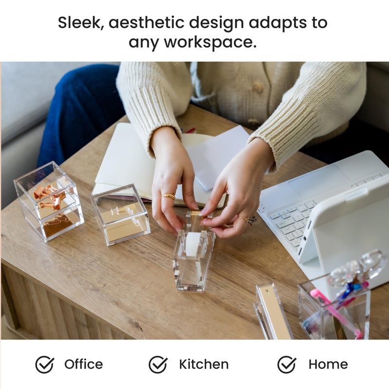 OfficeGoods حامل شريط أكريليك حديث من OfficeGoods - قاعدة مطاطية غير قابلة للانزلاق - تصميم جذاب، مثالي للمنزل أو المدرسة أو مكتب العمل - يحمل لفات شريط صغيرة، قياسية، وكبيرة - ذهبي - Image 5