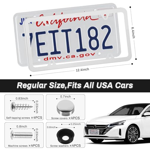 Alpmosn 2PCS Stainless Steel License Plate Frames, 4 Holes Car Licence Plate Covers with Screws Washers and Caps, Car Exterior Accessories, License Plate Holder for US Vehicles (White) - Image 2