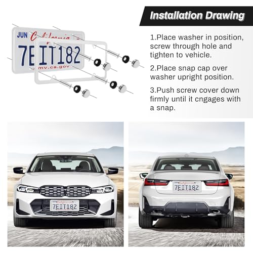 Alpmosn 2PCS Stainless Steel License Plate Frames, 4 Holes Car Licence Plate Covers with Screws Washers and Caps, Car Exterior Accessories, License Plate Holder for US Vehicles (White) - Image 4