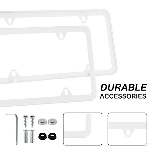 Alpmosn 2PCS Stainless Steel License Plate Frames, 4 Holes Car Licence Plate Covers with Screws Washers and Caps, Car Exterior Accessories, License Plate Holder for US Vehicles (White) - Image 3