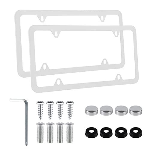 Alpmosn 2PCS Stainless Steel License Plate Frames, 4 Holes Car Licence Plate Covers with Screws Washers and Caps, Car Exterior Accessories, License Plate Holder for US Vehicles (White) - Image 1