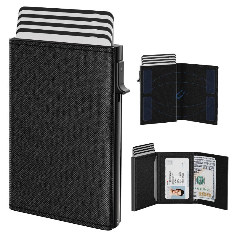 typecase Mens Wallet Card Holder: Pop Up Aluminum Case, Genuine Leather, Smart, RFID Blocking, Slim, Minimalist, Front Pocket - 9-14 Card Capacity | ID Window | Cash Slot (Cross Black) - Image 1