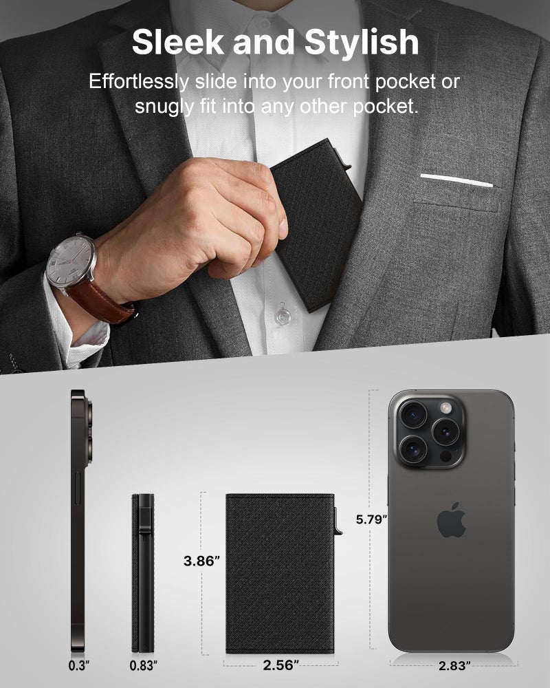 typecase Mens Wallet Card Holder: Pop Up Aluminum Case, Genuine Leather, Smart, RFID Blocking, Slim, Minimalist, Front Pocket - 9-14 Card Capacity | ID Window | Cash Slot (Cross Black) - Image 4