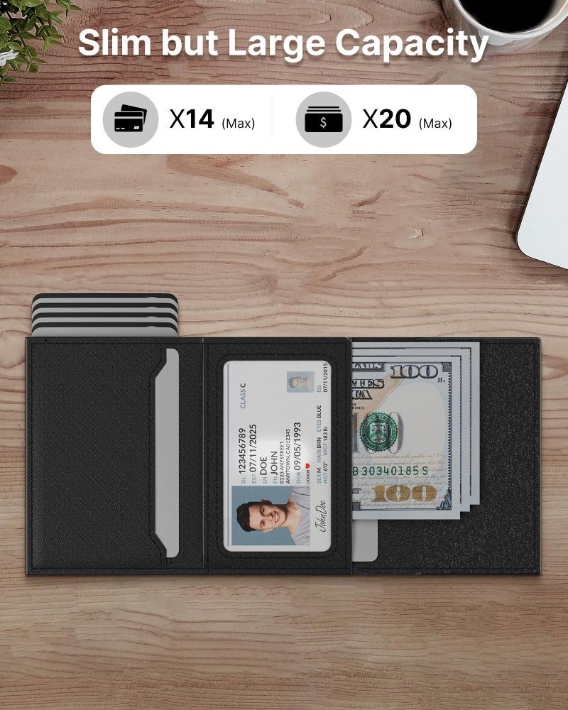 typecase Mens Wallet Card Holder: Pop Up Aluminum Case, Genuine Leather, Smart, RFID Blocking, Slim, Minimalist, Front Pocket - 9-14 Card Capacity | ID Window | Cash Slot (Cross Black) - Image 2