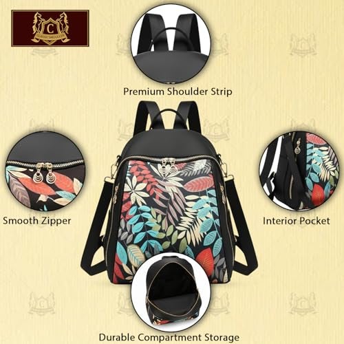 Global Impex Ethnic Style Waterproof Oxford Medium Size Backpack | Ladies Fashion Travel Canvas Bag | Large Capacity Nylon Collage Bagpack | Girls Printed Laptop Backpack (Full Leafs) - Image 3