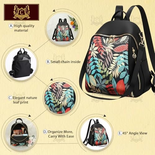Global Impex Ethnic Style Waterproof Oxford Medium Size Backpack | Ladies Fashion Travel Canvas Bag | Large Capacity Nylon Collage Bagpack | Girls Printed Laptop Backpack (Full Leafs) - Image 5