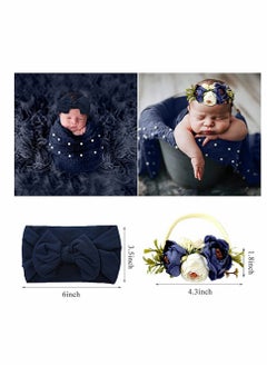 Newborn Photography Props Set, 4 Pcs Baby Long Ripple Wrap and Toddler Swaddle Blankets with Headbands for Infants, Ideal for Studio Photo Sessions (Dark Blue)