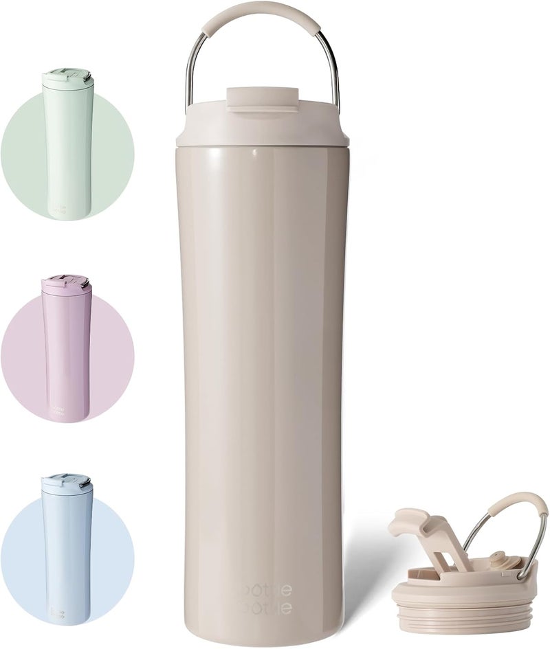 bottle bottle زجاجة زجاجة زجاجة ماء معزولة بغطاء مزدوج الاستخدام وقشة - 24 أونصة من الفولاذ المقاوم للصدأ (بيج) - Image 1